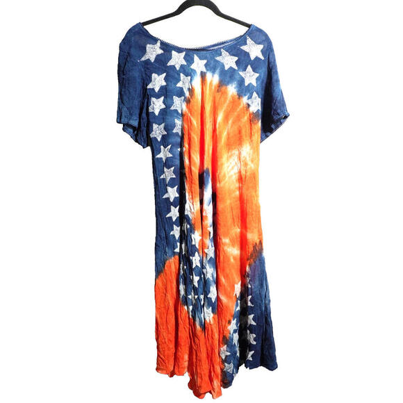 VTG Orange Blue Swirl Tie Dye Maxi Dress Stars 1XL Hippie America Asymmetric Hem - Picture 1 of 8